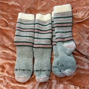 Carhartt Women’s Gray & Pink Striped Work Crew Boot Socks Warm Cozy Wool Blend